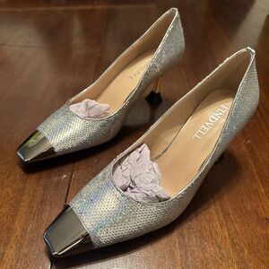 NWOB FINDVELL Silver Sequin Heels Size‎ 6 Cap Toe Kitten Block Party Pumps